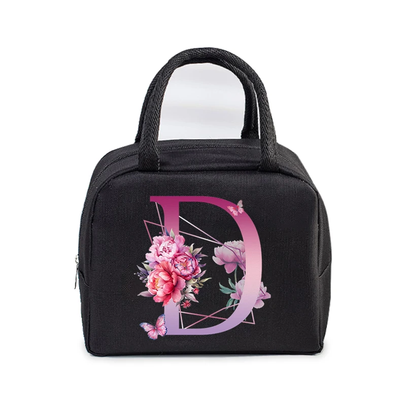 Bolsa de almuerzo portátil para mujer, bolso de mano con estampado de flores, con aislamiento térmico, con 26 letras, Unisex