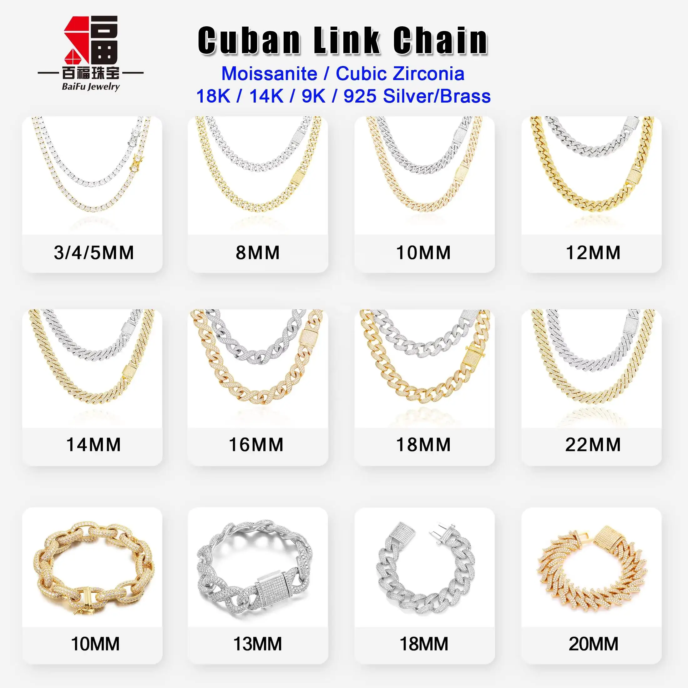 Fashion BaiFu Link Chain Moissanite Cuban..