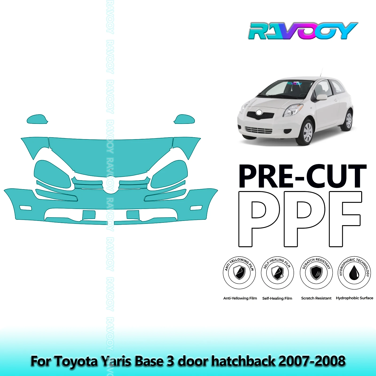 

8.5Mil Precut Paint Protection Film PPF Clear Bra Front Kit For Toyota Yaris Base 3 door hatchback 2007-2008