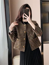 New Elegant Plaid Tweed Jacket Women Vintage Small Fragrant O-neck Long Sleeve Woolen Coat Fashion Office Lady Outwear Clothing