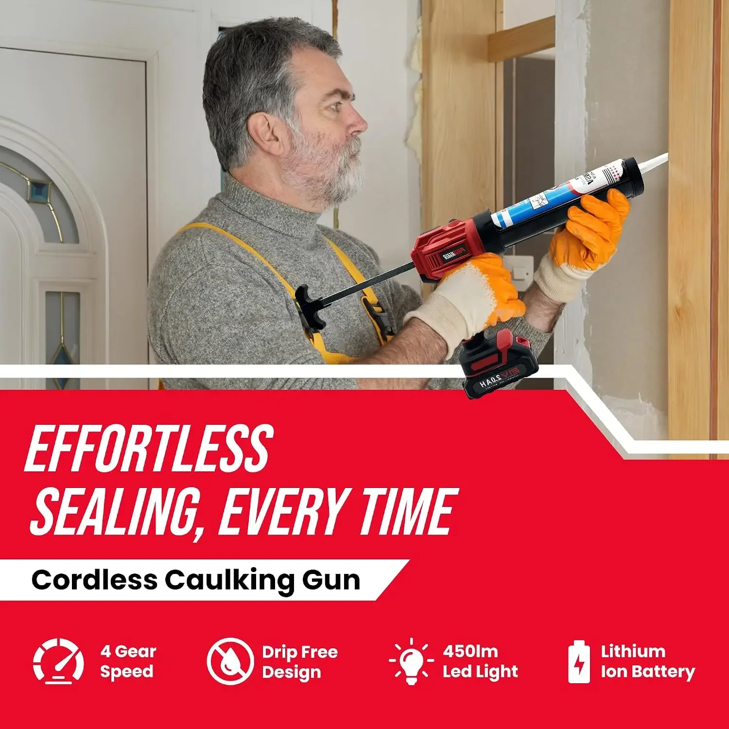Cordless Caulking Gun, 21V Caulk gun w/ 2 Batteries, LED Light, Adjustable Speed, 3 Nozzle Adapters, 5 Knife Heads, 10 Oz
