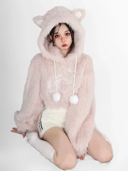 女性のための日本のカワイイパーカー、ピンクの猫の刺,、ぬいぐるみ、クロップドアー、韓国スタイルのスウェットシャツ、ショートプルオーバートップス、y2k
