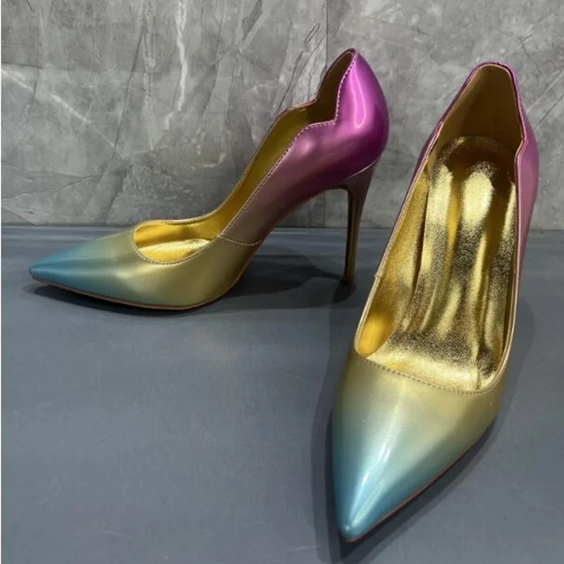 

Gradient Color Metallic Leather Heel Pumps Shoes 12cm 10cm 8cm Pointy Toe Slip On Shallow Evening Bride Shoes