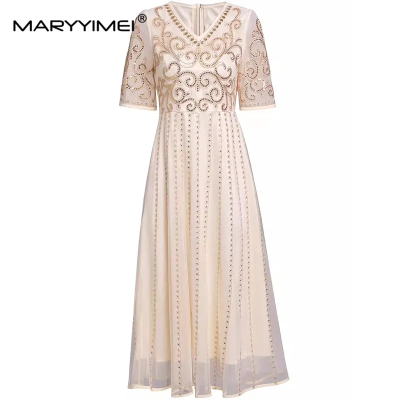 

MARYYIMEI Fashion Design Spring Summer Women's V-Neck Short-Sleeved Mesh Sequins Splicing High Street A-Line Dresses