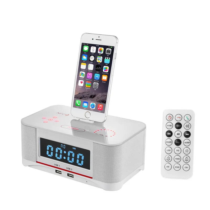 

Amazon hot selling Hotel bedside alarm clock bt speaker touch button with phone charging base for iphone