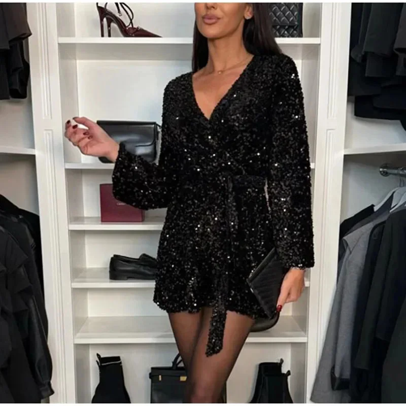 Sexy Shiny Sequin Women Romper Jumpsuit Elegant Black Deep V-neck Long Sleeve Wide Legs Playsuits New Female Club Party Shorts ﻿