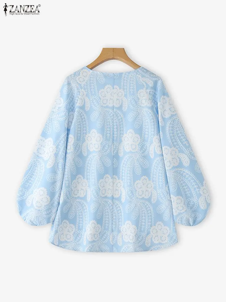 ZANZEA Camicetta casual con stampa vintage Donna Top a maniche lunghe 2025 Autunno con scollo a V Manica a lanterna allentata Camicie moda Blusas Femme