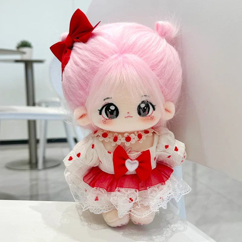 20cm Cute Red Bow Dress Suit Plush Doll Toy Kawaii Stuffed Soft Idol Cotton Doll for DIY Clothes Girls Kids Fans Collection Gift