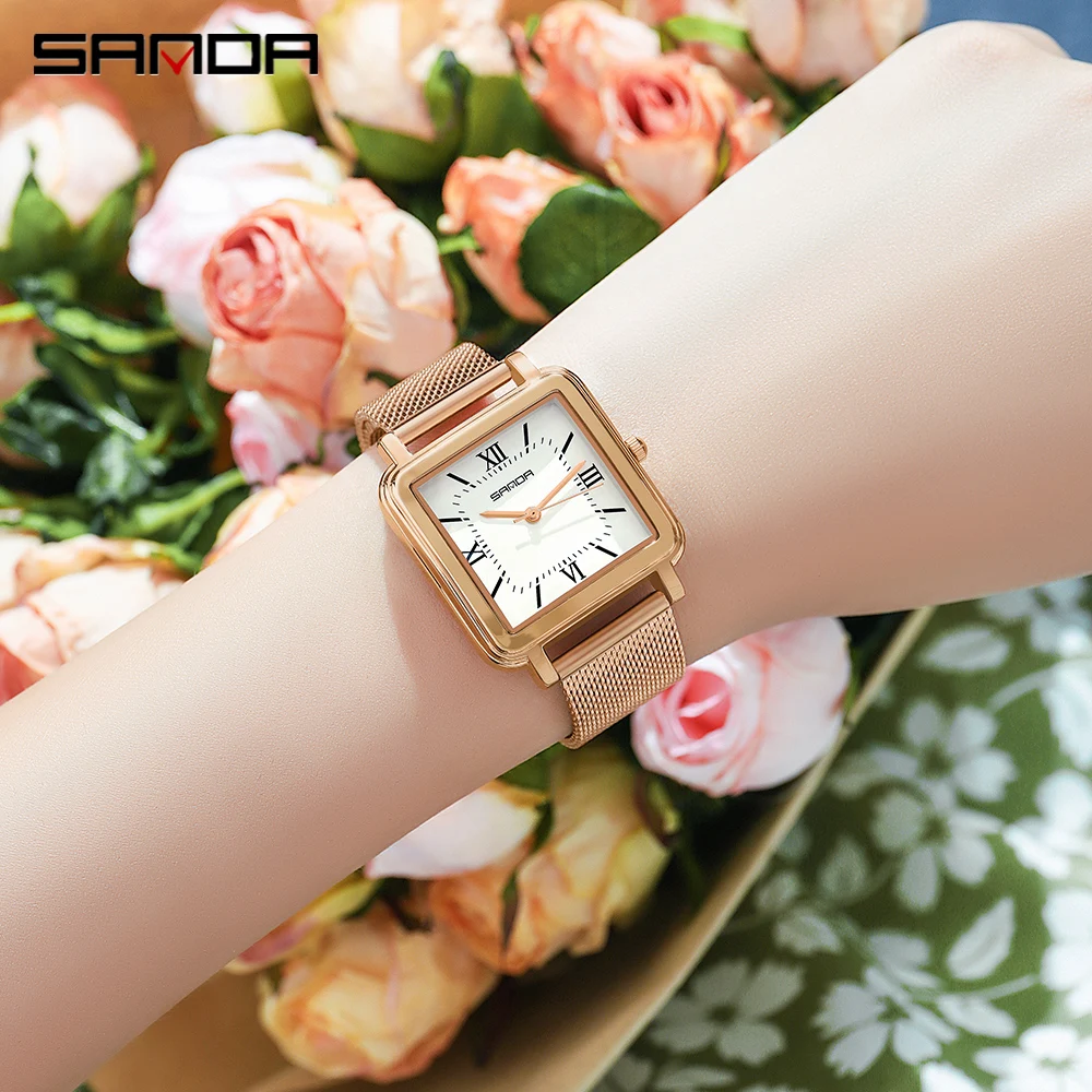 Fashion Sanda Top Brand Ladies Watch Stainless Steel Luxury Woman Square Simple Rose Gold Quartz Wristwatch Relojes Para Mujer