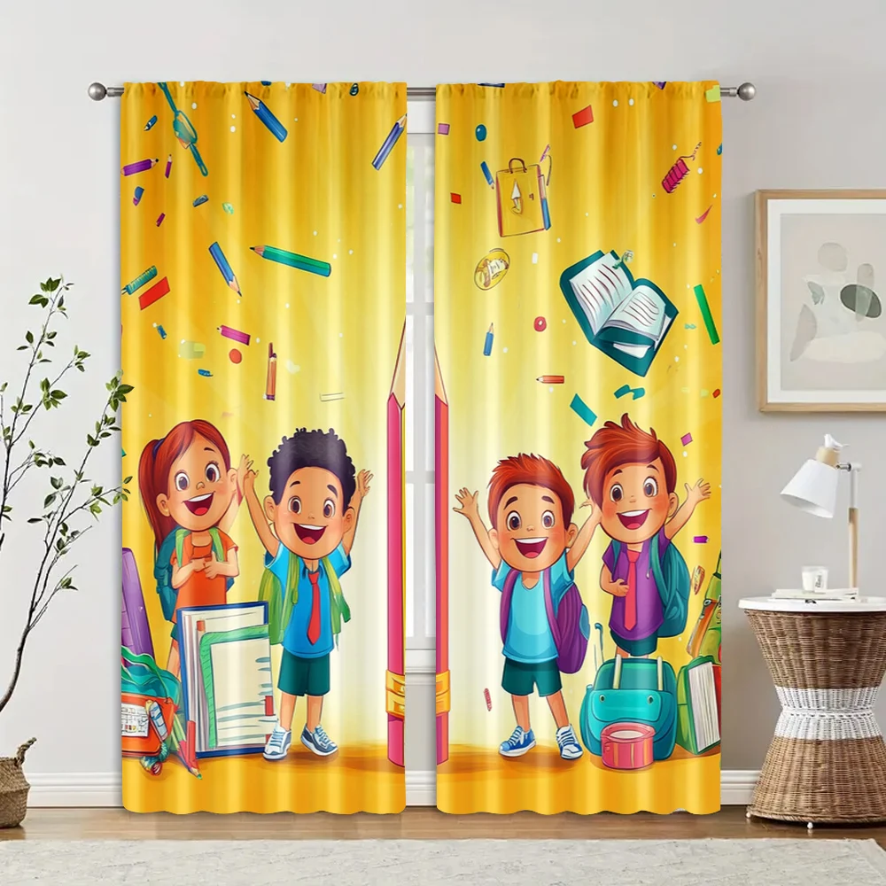 2pcs, Curtain Cloth Happy Back to School (3) Machine Washable Fabric (without rod) Room Decor for Home Decor and Privacy