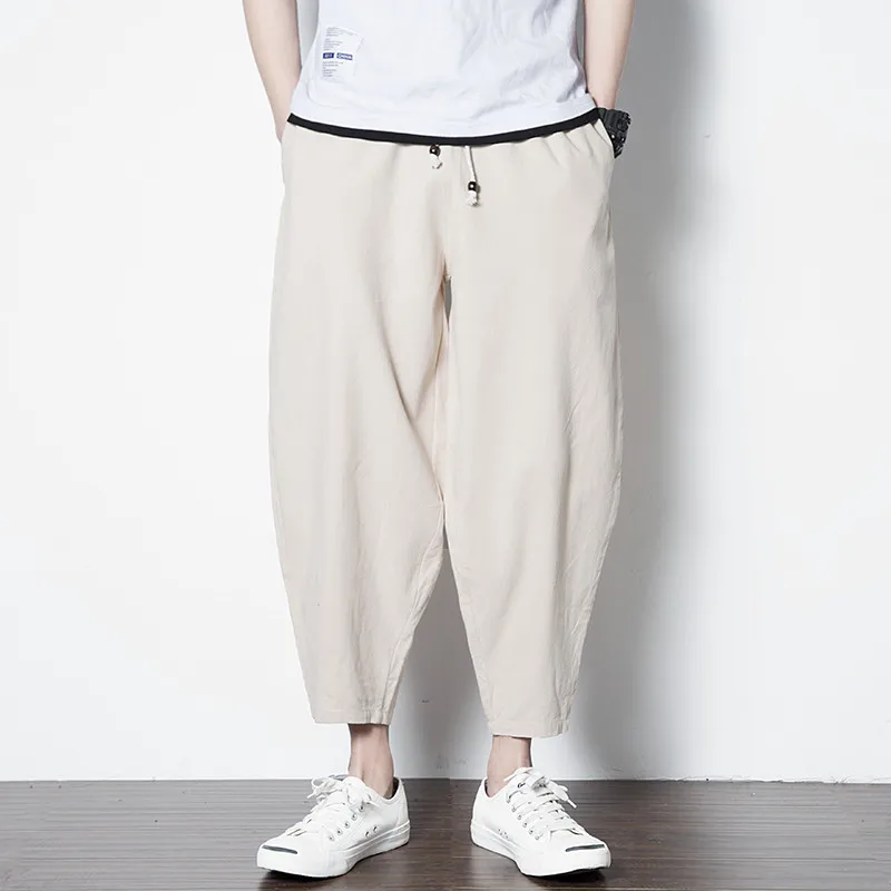 2024 ผู้ชาย Harem กางเกงผ้าฝ้ายลินิน Joggers PLUS ขนาดกางเกงผู้ชาย Baggy หลวม Casual VINTAGE สีดําสีขาวกางเกงสีกากี M-6XL 7XL