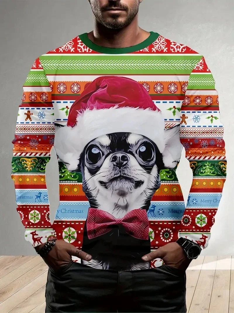 تي شيرت مطبوع بزخرفة عيد الميلاد الممتعة، زي سانتا كلوز، ملابس أنيمي مطبوعة ثلاثية الأبعاد للرجال بأكمام طويلة تي شيرت جرافيك