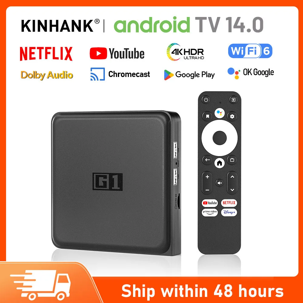 KINHANK G1 Android TV 14 Box con Netflix 4K Ultra HD Dispositivo multimediale in streaming Dolby Vision HDR10+ 4G 32G certificato Google