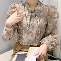 Women's Clothing Elegant Long Sleeve Tops Spring Autumn Diamonds Patchwork Shirts Ladies Fashion 2024 New Temperament Blouses