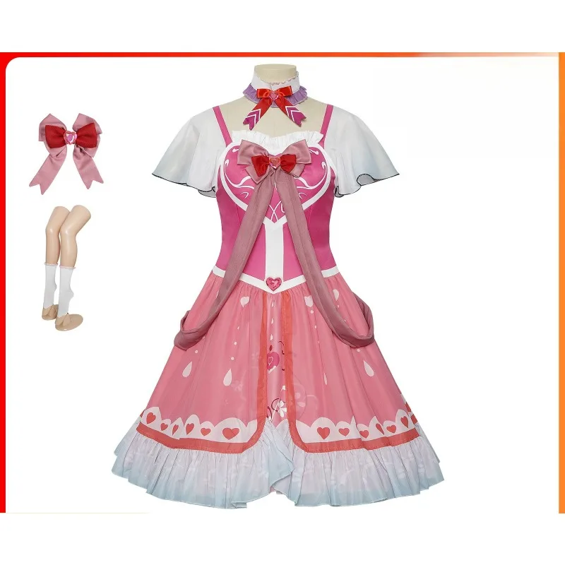 Women Cute Pink Bow Lolita Dress Full Set Ruffle Heart Print Cosplay Costume with Hairpin Socks Theme Party Role Playing Outfits