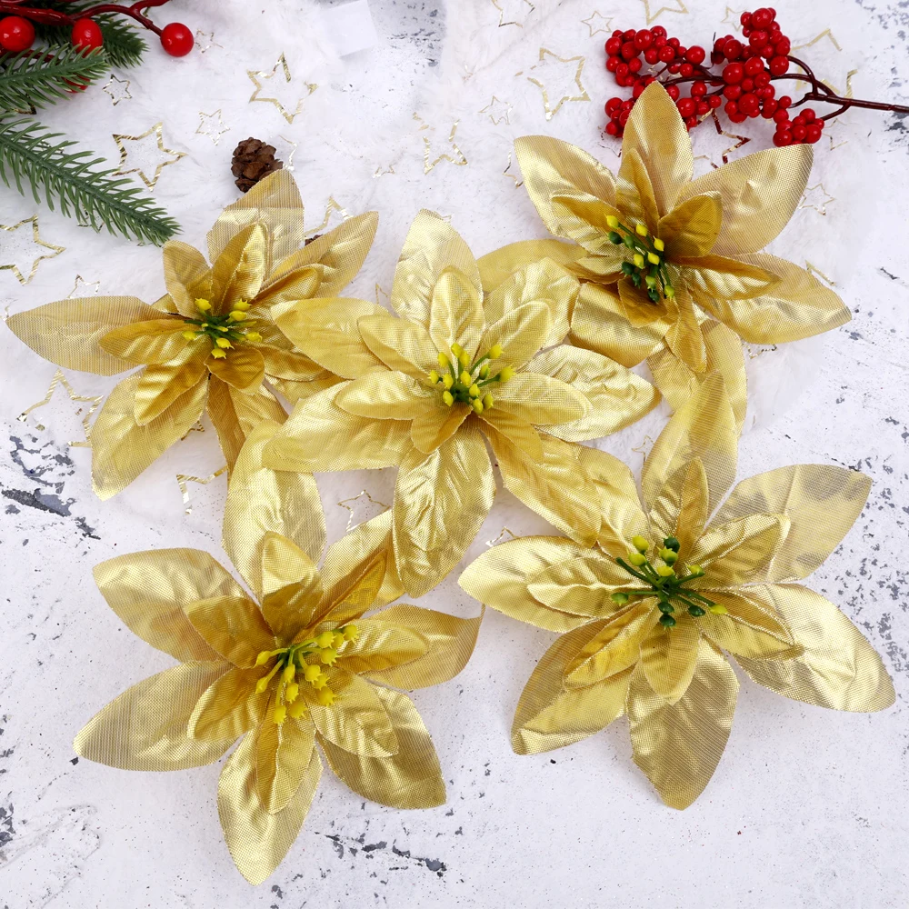 10/1 قطعة عيد الميلاد البونسيتة الزهور الاصطناعي الأحمر روز رؤساء زهرة شجرة عيد الميلاد الحلي للمنزل نافيداد السنة الجديدة الديكور #6