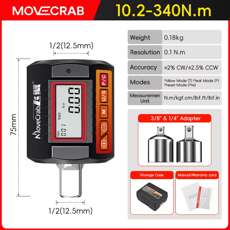 MoveCrab Digitale Koppeladapter 1/2 "Drive Inclusief Adapters voor 3/8" en 1/4" Elektronische Momentsleutel Fietsset Auto Reparatie Fiets