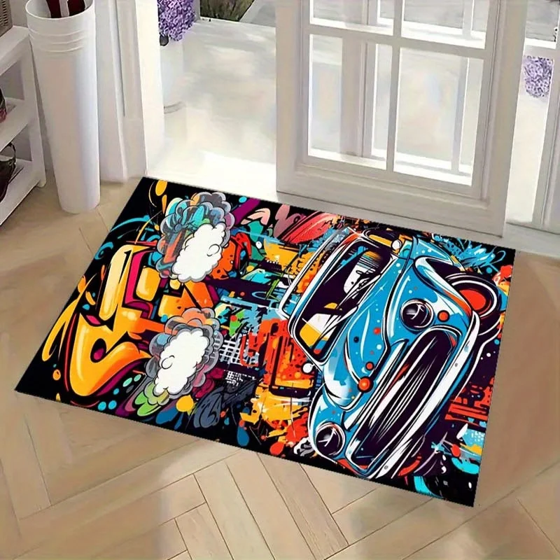 Graffiti Vintage Car Doormat, Colorful Street Art Entrance Rug, Cool Auto Floor Mat, Non-slip Living Room Carpet, Man Cave Decor