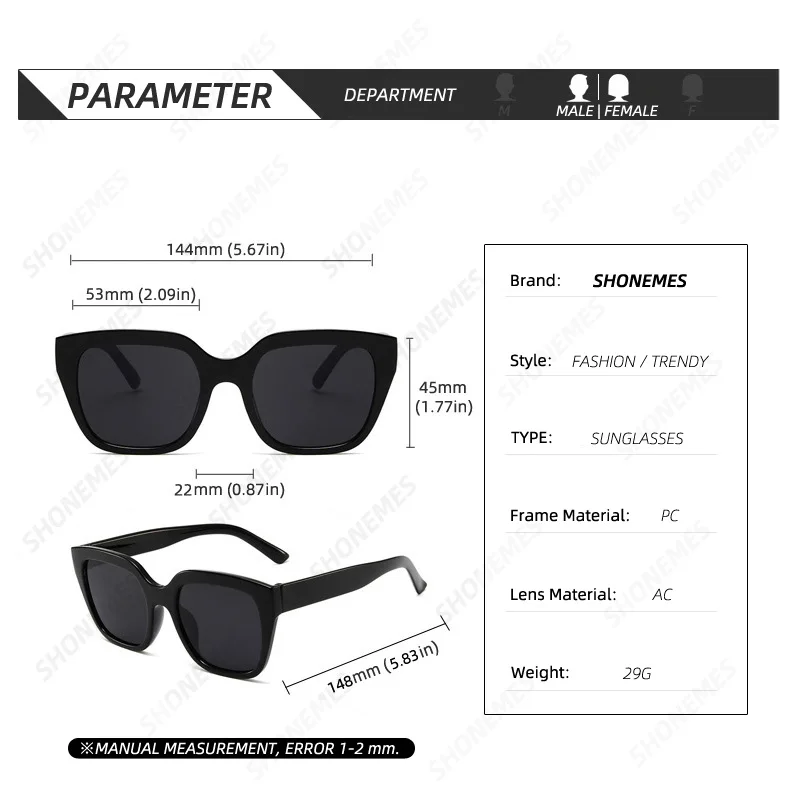 SHONEMES Square Sunglasses Vintage Men Women Shades Big Frame Outdoor UV400 Sun Glasses Black White for Female Male