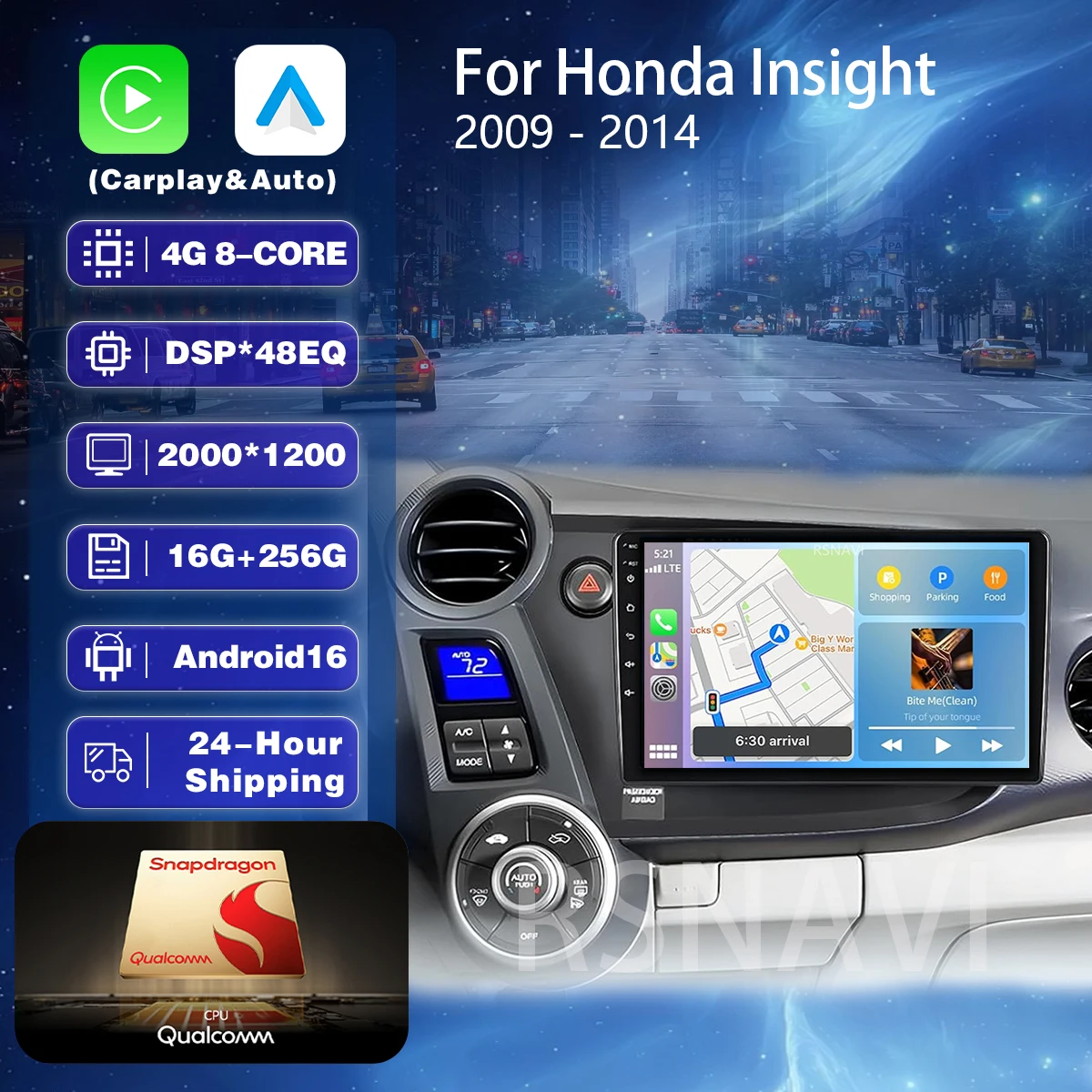 RSNAVI Android 16 Carplay Auto autoradio lecteur multimédia pour HONDA INSIGHT 2009 - 2014 Navigation Autoradio GPS stéréo 2din