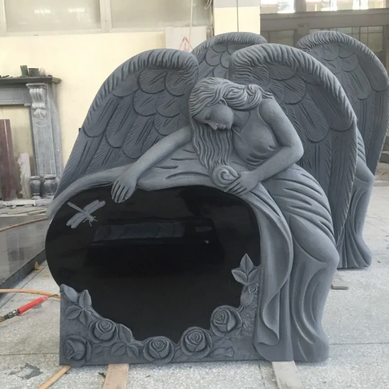 Customization Custom Made Carving Stone Granite Marble Tombstone Sitting Angel Gravestone for Cemetery