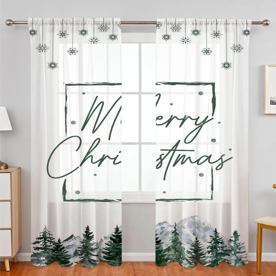2PCS Green Merry Christmas Sheer Curtains, Pine Tree Mountain Print, Rod Pocket Window Drapes for Xmas Holiday Home Decor