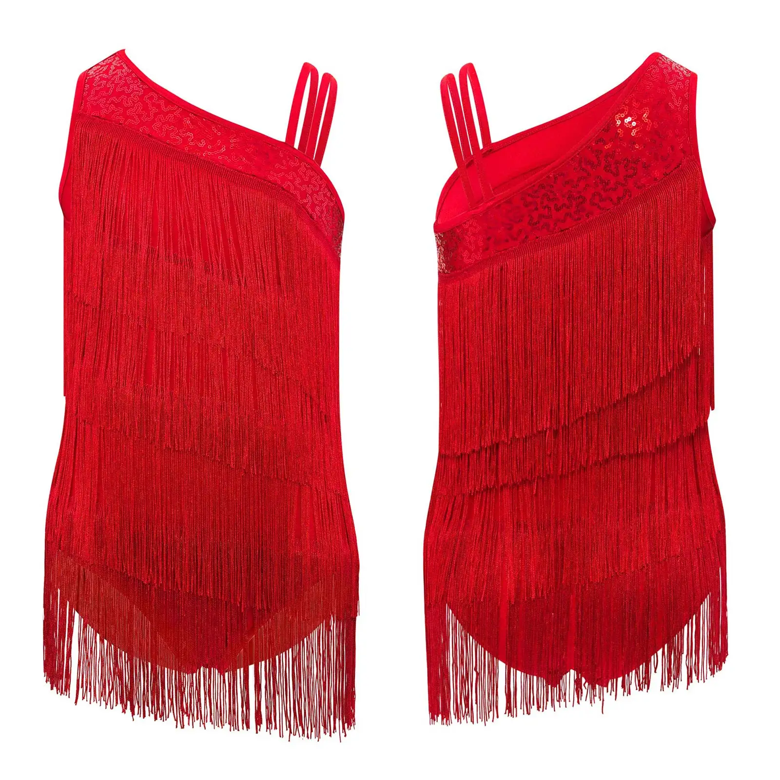 

Kids Girls Rumba Latin Dance Costume Sleeveless Tiered Tassels Ballroom Samba Salsa Dance Asymmetrical Leotard Performance Dress