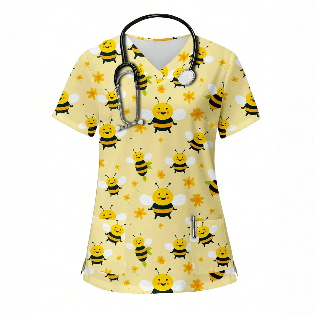 Animal dos desenhos animados enfermagem esfrega topos feminino uniforme de enfermeira moda feminina com decote em v bolso macacão uniformes médicos mulher