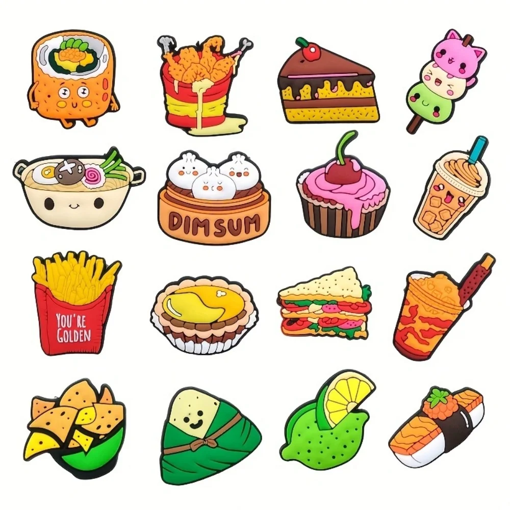 

16pcs Cute Cartoon Food and Drink Shoe Decoration Charms For Croc,Clog Accessories Pins for Party Favors Birthday Gifts