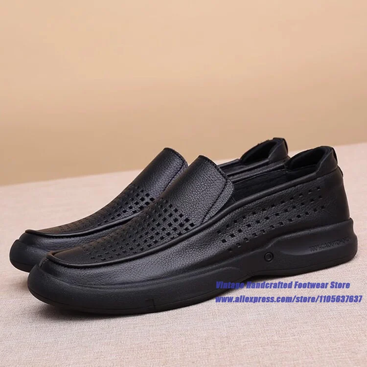 Men's Black Leather Slip-On Loafers Breathable Hollow Out Thick-Soled Casual Leather Shoes Vintage Handcrafted Men's Shoes