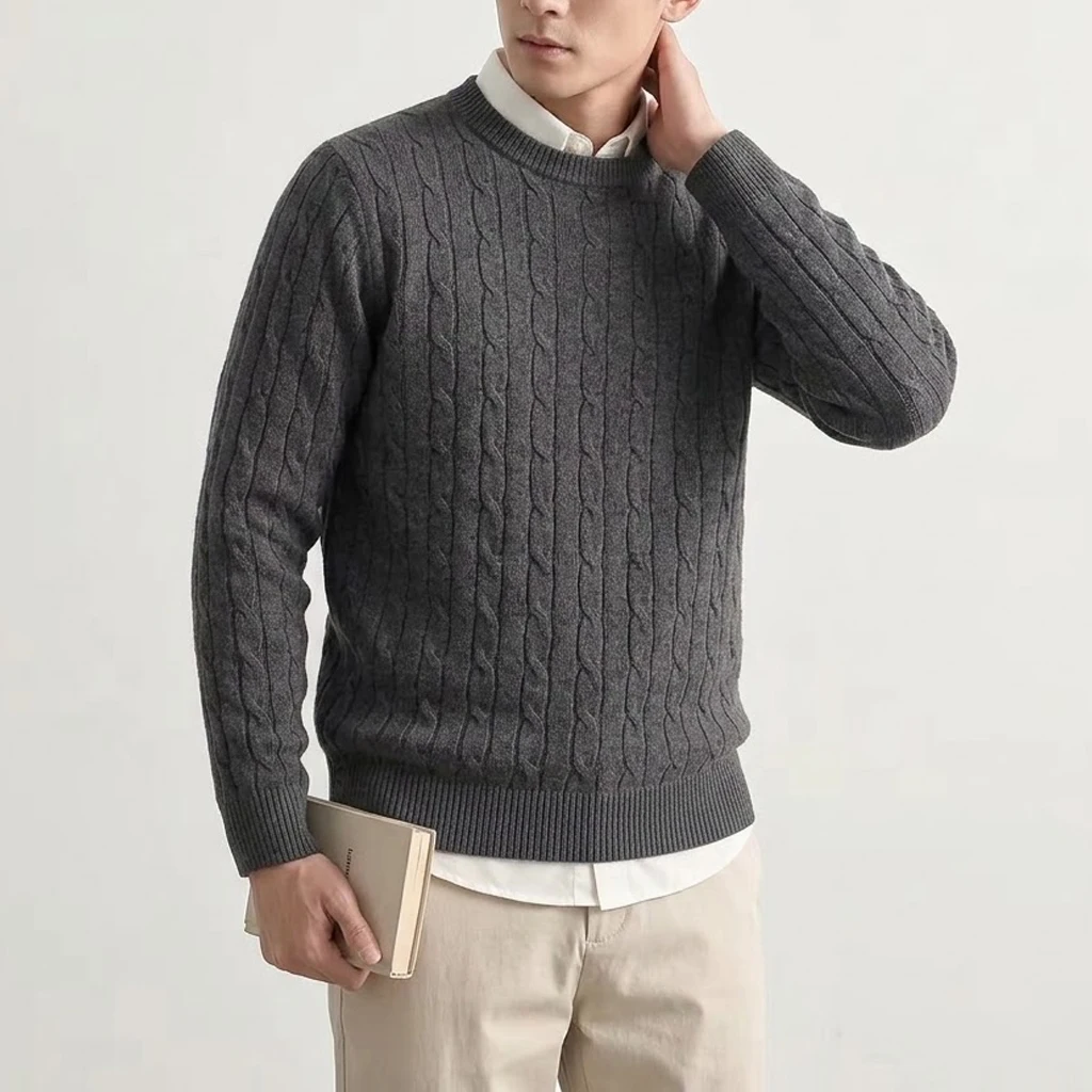Herbstlicher Herren-Pullover mit Zopfmuster, langärmelig, lässig, Rundhalsausschnitt, weich, warm, gestrickt, für den Winter, Alltag, Streetwear – Detail 9