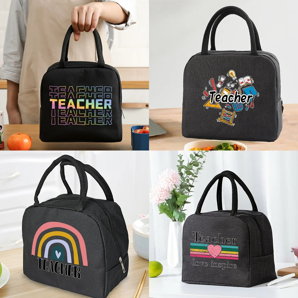 Insulated Lunch Bag Zipper Cooler Tote Thermal Bag Lunch Box Canvas Food Picnic Lunch Bags for Work Handbag Teacher Pattern