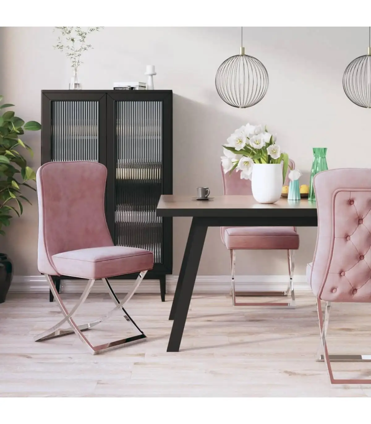 Dining Chairs Dining Chair 6 Pcts Velvet Steel Pink 53x52x98 cm