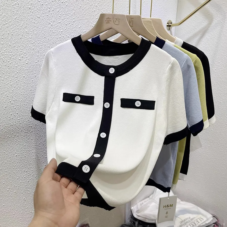 تي شيرت فضفاض من الحرير الجليدي ort Sve تي شيرت نسائي صيفي جديد Sle صغير Fraance محبوك irt مستدير Ne Color Blo النسخة الكورية #3