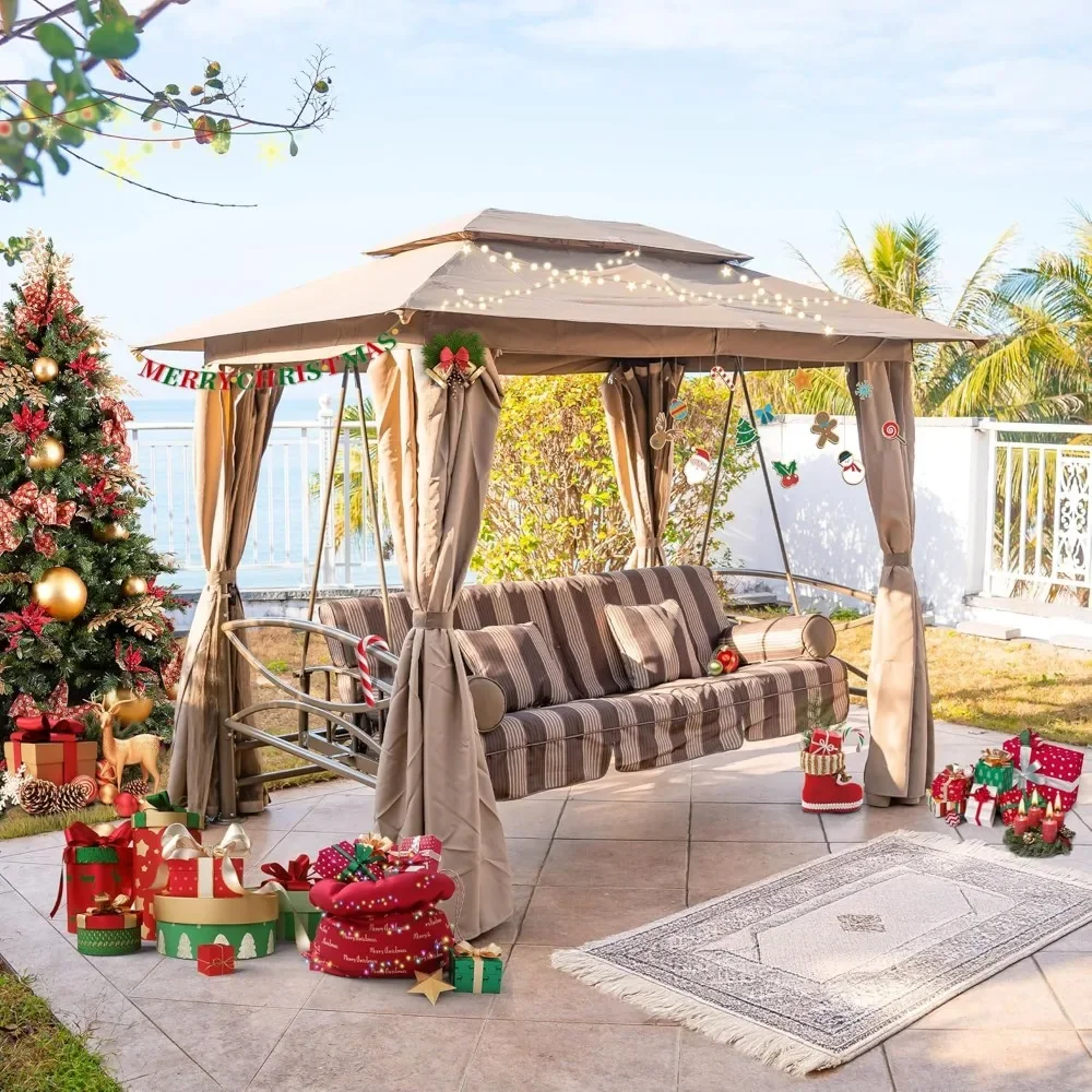 3 Person Outdoor Patio Porch Swing Gazebo with Netting & Curtains - Comfortable Canopy Swings for Adults