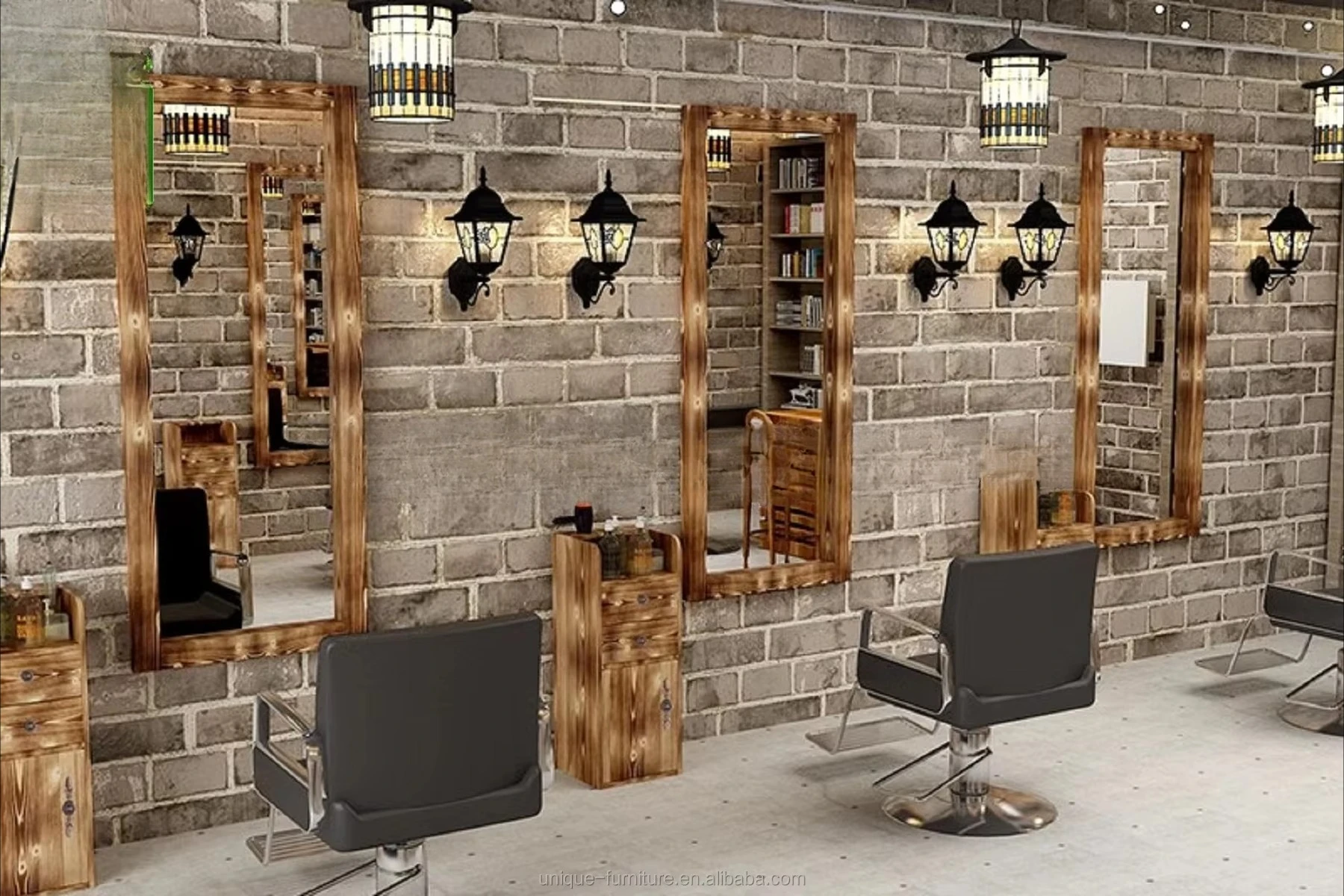 Eye-attaching And Wooden Barber Hair Styling Shop Decoration Beauty Barber Store Furniture Customized Barber Station Counter
