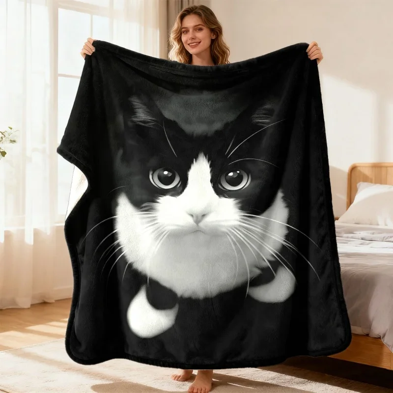 Cute Black White Cat Portrait Flannel Throw Blanket Soft Warm Lightweight Pet Blanket For Cat Lover Sofa Bedroom Home Decor
