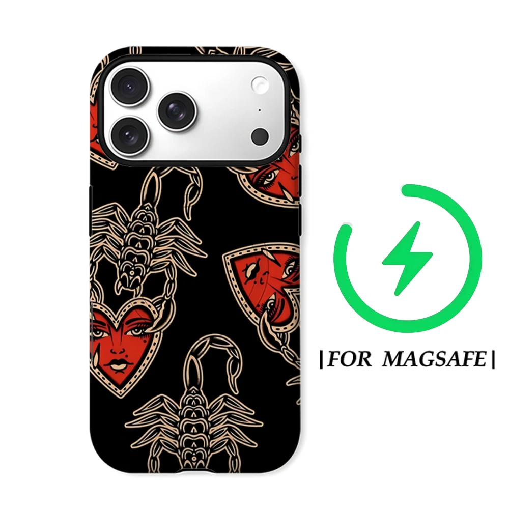 

Gothic Heart Scorpion Phone Case for iPhone 16 15 14 13 12 11 Pro Max Plus Luxury Magnetic Double-layer Back Cover