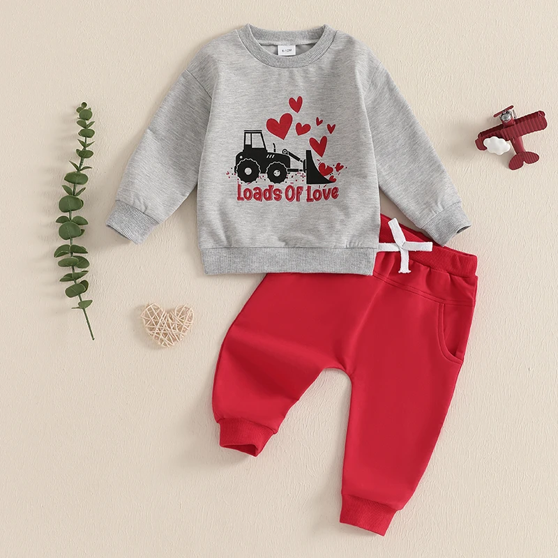 Toddler Boys Valentine's Day Outfits Letter Digger Heart Print Crew Neck Long Sleeve Sweatshirts Long Pants 2Pcs Clothes Set