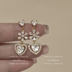 French Gentle Temperament Rhinestone Flower Ear Clip Luxury Shinny Zircon Heart Shaped Clip on Earrings for Women Non Pierced