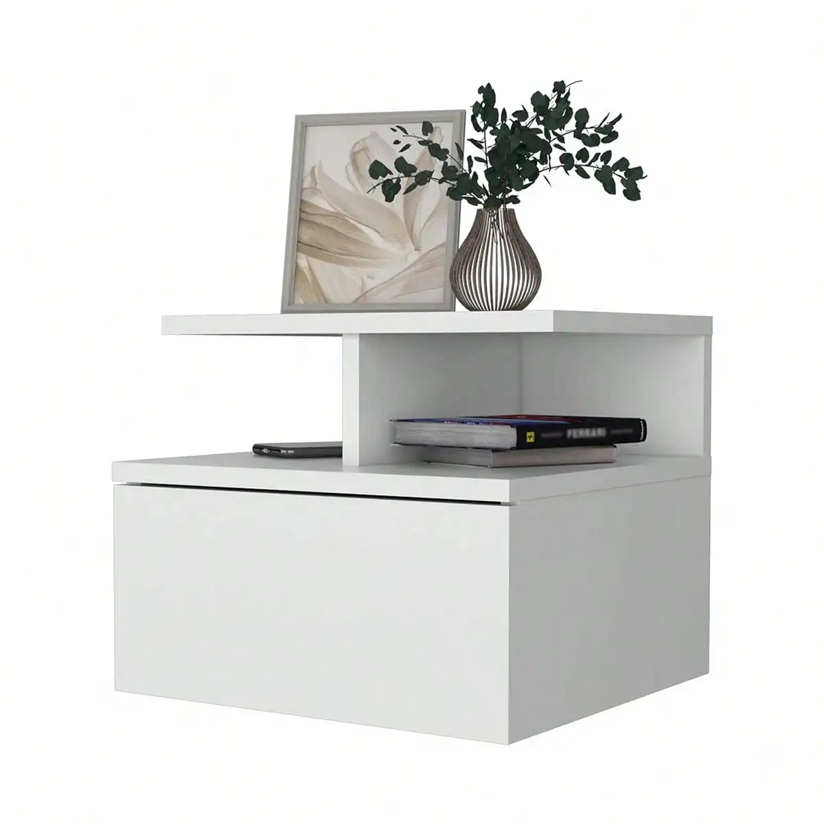 引き出しとオープンシェルフ付きのフローティングナイトスタンド、壁掛けエンドテーブルまたはサイドテーブル、省スペースの寝室収納（ブラック）