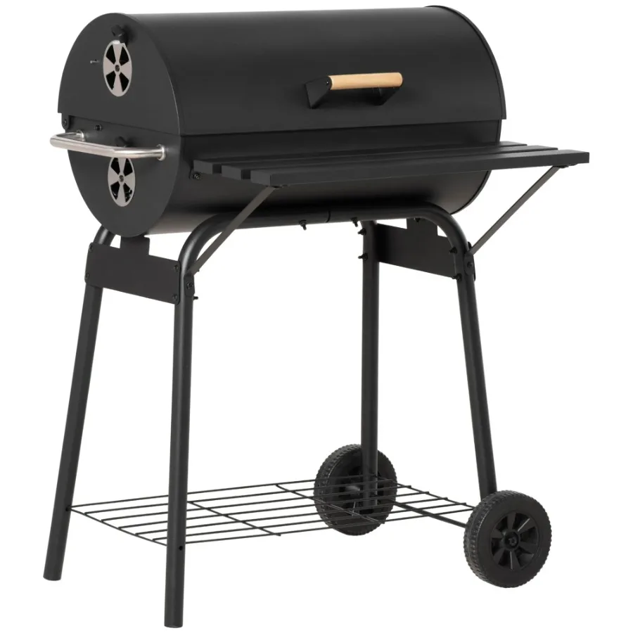 

30 Portable Barrel Charcoal BBQ Grill Steel Outdoor Barbecue Smoker with Storage Shelf Wheels for Garden Camping Picnic Black