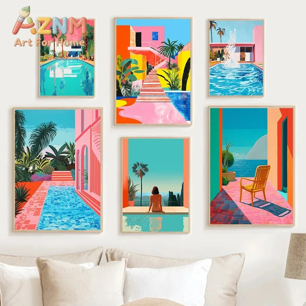 Pop Art Print Sea Landscape Colourful Wall Vintage Pool Poster Pink Summer Swimming Hockney Canvas Painting Room Home Decor