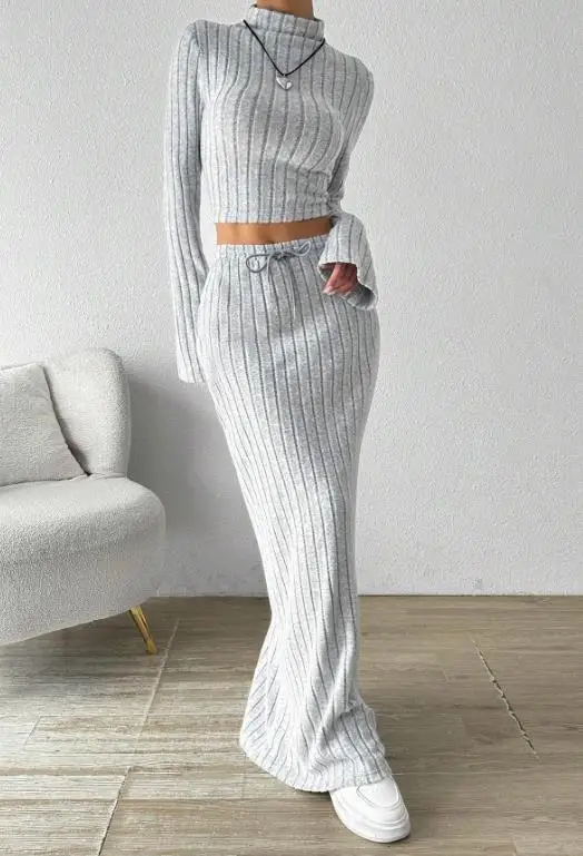 

Two Piece Set Women Outfit 2026 Spring Autumn New Solid Color High Neck Long Sleeve Crop Top & High Waist Casual Long Skirt Set