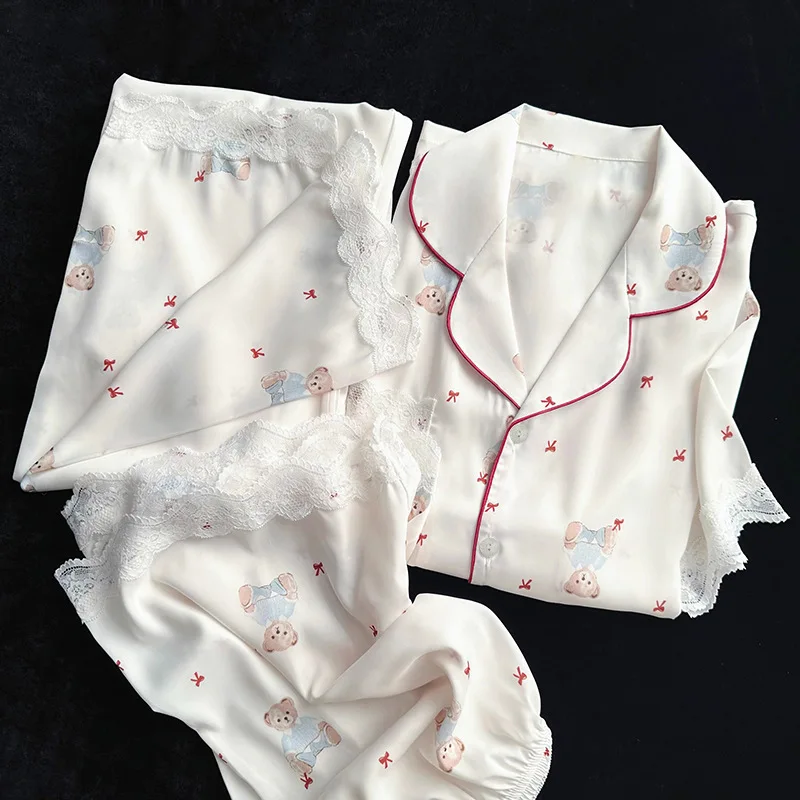 

Cute Lace Trim PJ Set Women 3Pcs Bear Print Short Sleeve Sleepwear Homewear