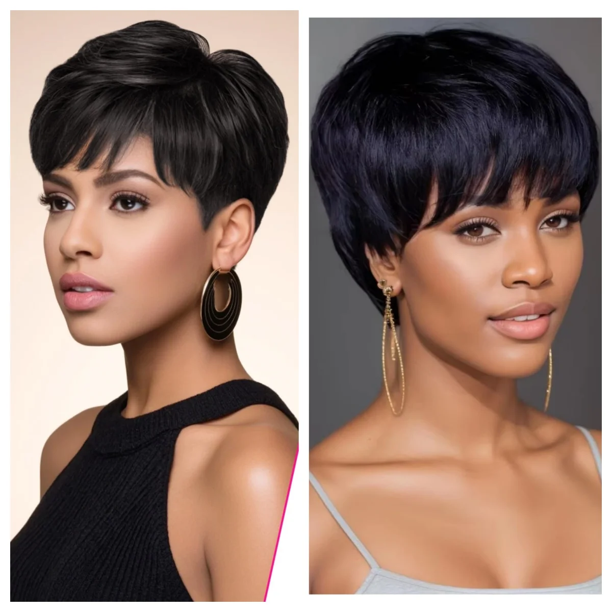 앞머리가 있는 짧은 인모 레미 인모 픽시컷 가발 (흑인 여성용) 자연스러운 검정색 기계식 가발 (일상용)