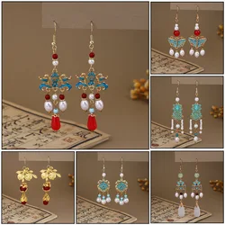 Vintage Jade Pendant Earrings for Women Butterfly Water Drop Shaped Luxury Jewelry Pearl Tassel Hanfu Cheongsam Accessories Gift