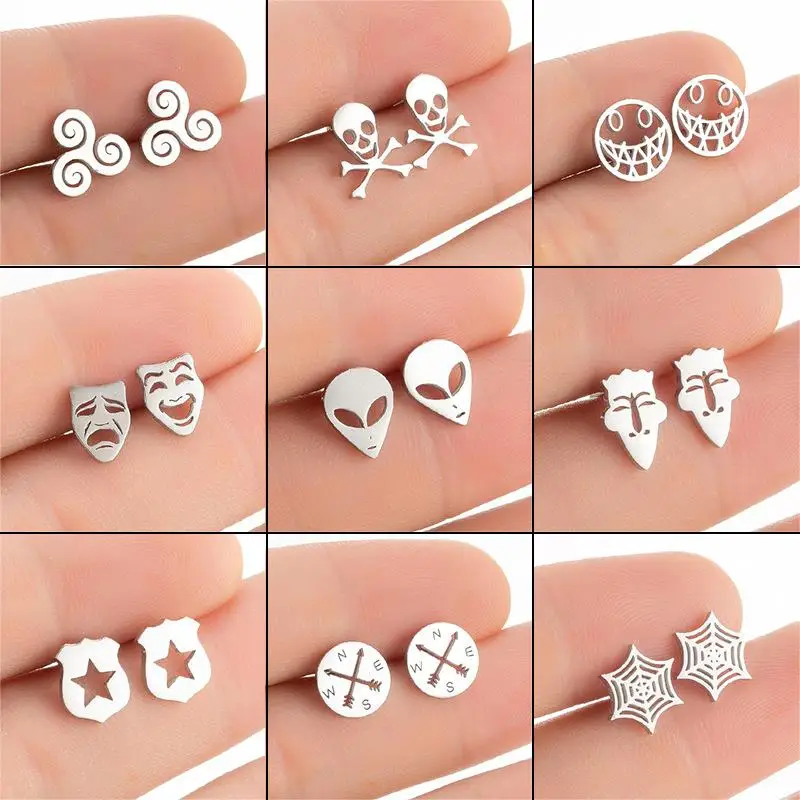 10 Pair Short Stainless Steel Halloween Earrings Wholesale Ghost Face Crying Face Cartoon Pattern Earrings Gift