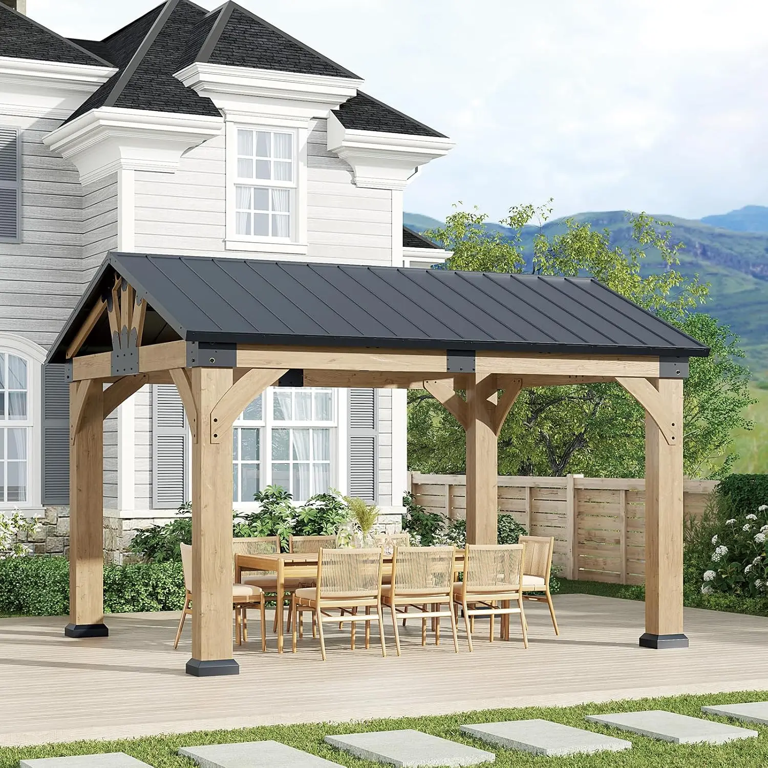 10x12 ft Cedar Wood Gazebo, Hardtop Gazebo with Galvanized Steel Peak Roof, Outdoor Pavilion for Garden, Backyard,, Customized