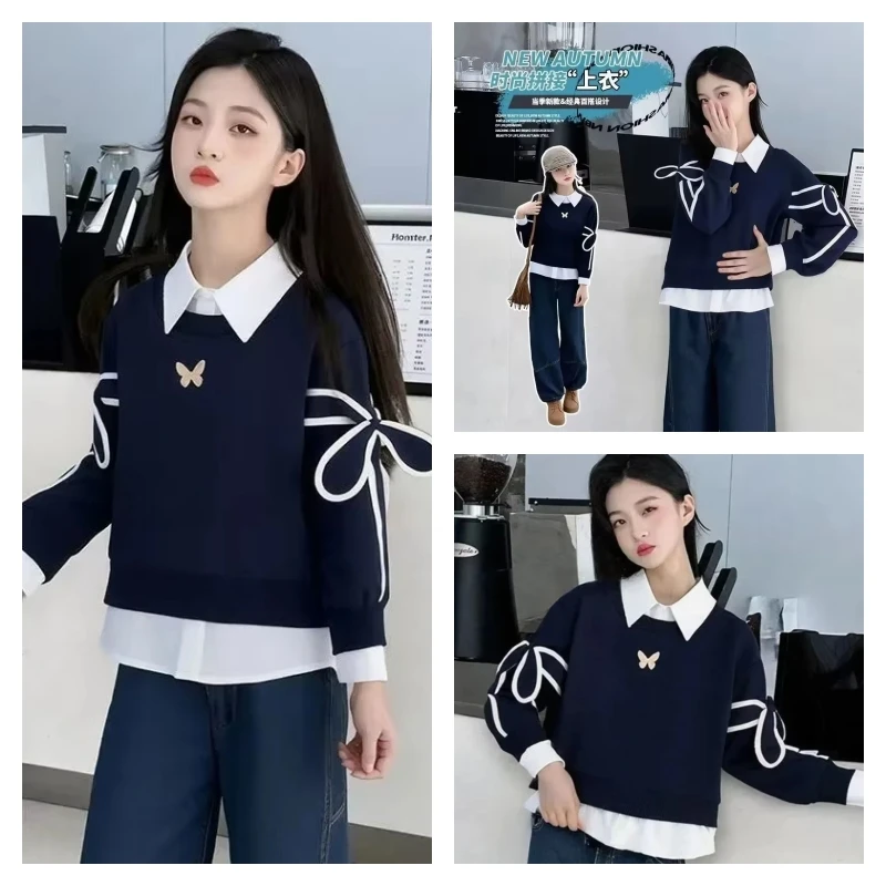 

hot Kawaii Girl Fashion Sweatsuit Student Spring Autumn Casual Cartoon Lapel Splice Base Layer Pullover Tops Children's Clothing